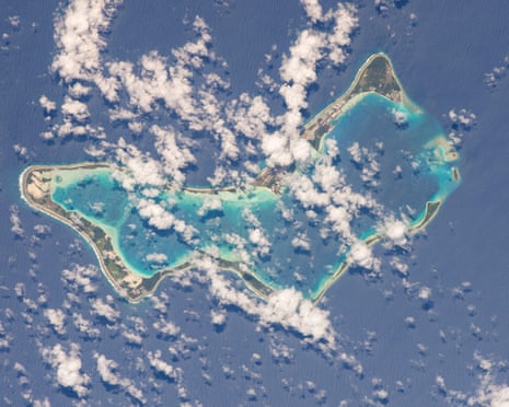 Diego Garcia, the largest of the Chagos Islands, seen from above.