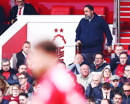 Nottingham Forest owner Evangelos Marinakis leaves his seat during the defeat to Chelsea