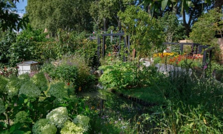 The “mitigation” quarter of the garden includes bee-hives and pollinator-friendly plants