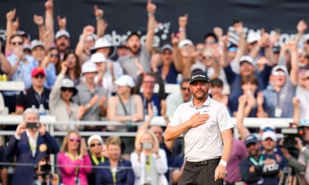 open goal tour Michael Block acknowledges the fans on the 18th green during the final round of the US PGA Championship.