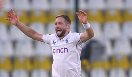 Chris Woakes appeals with success for the wicket of Babar Azam.
