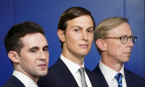Trump’s son-in-law and White House adviser Jared Kushner, centre, at a press briefing on the Israel-UAE agreement on 13 August 2020. 