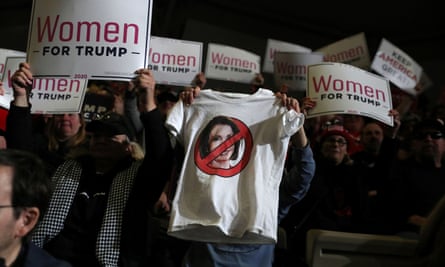 A T-shirt depicting the House speaker, Nancy Pelosi, in a No symbol among ‘Women for Trump’ signs, at a campaign rally in Wildwood, New Jersey, on 28 January 2020.