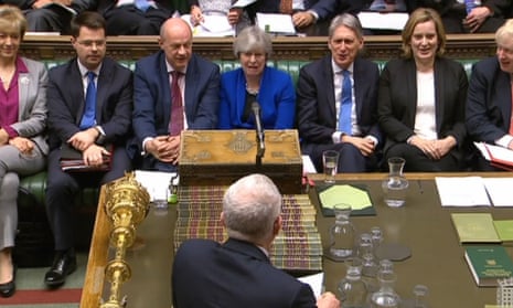 Theresa May and members of her front bench react as Jeremy Corbyn speaks during PMQs in the Commons on 20 December.