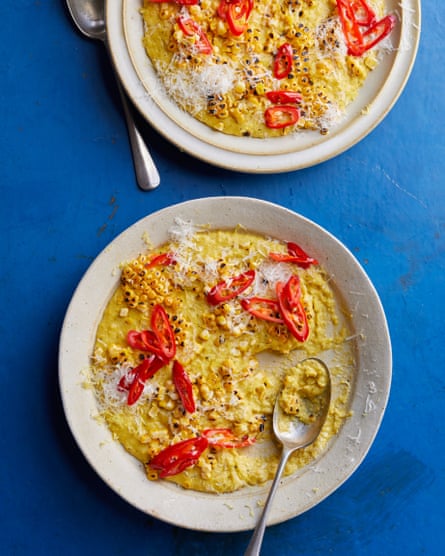 Ravinder Bhogal’s creamed maize cacio e pepe pinch toasted maize and pickled chillies.