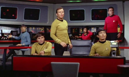 The original Star Trek cast on the bridge of the Enterprise, looking dynamic, 1968.