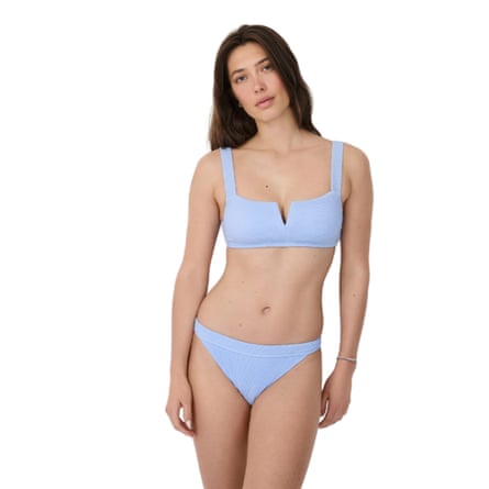 A model wears The White Company Textured Square Neck Bikini Top and Textured Regular Fit Bikini Briefs