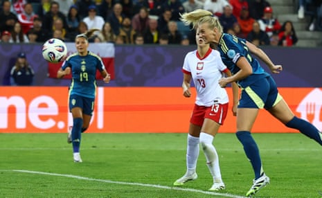 Sweden’s Stina Blackstenius heads home to open the scoring against Poland.