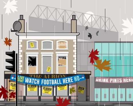 Illustration featuring boarded up pub and stadium advertising alcohol