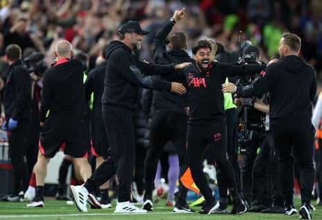 Liverpool manager Jürgen Klopp celebrates their second goal with his backroom staff.