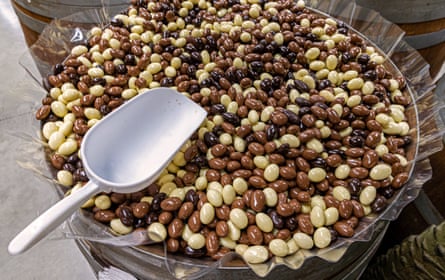 Assorted chocolate-covered nuts in bulk bin.