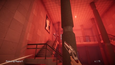 A gun is pointed at an enemy in a very low-polygon world with a red hue. The enemy is stood at the top of some stairs.