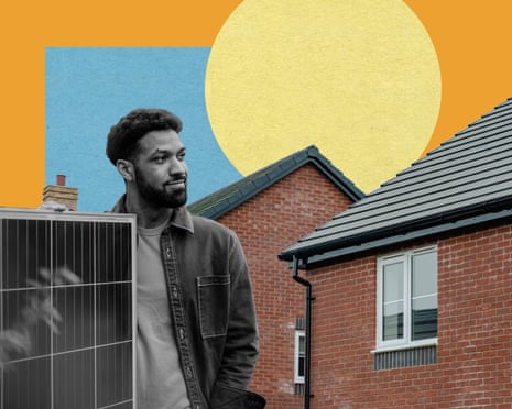 Composite of man, solar panels and houses