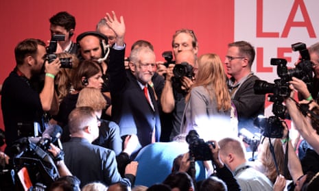 Jeremy Corbyn waving to supporters following his speech after being announced as the winner.