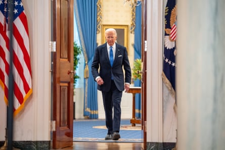 President Joe Biden arrives for a news conference after the supreme court’s immunity ruling.