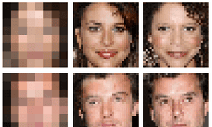 On the left, 8x8 images; in the middle, the images generated by Google; and on the right, the original 32x32 faces.