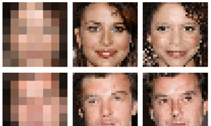 On the left, 8x8 images; in the middle, the images generated by Google; and on the right, the original 32x32 faces.