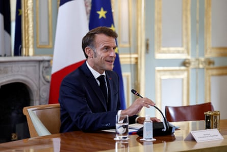 Emmanuel Macron attends a video conference on the Middle East with European and Arab partners, in Paris, 15 September 2025.