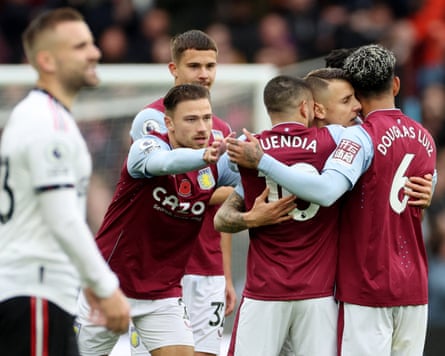 Aston Villa players congratulate Lucas Digne on their side’s second goal in their 3-1 defeat of Manchester United in November 2022