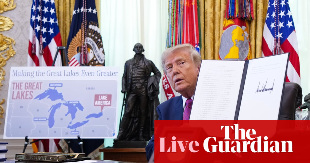 Trump signs order to rename Lake Ontario as Lake America amid Canada trade war – US politics live