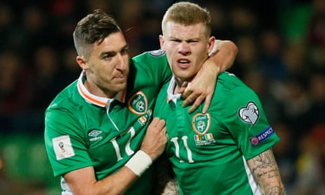 Republic of Ireland’s James McClean celebrates scoring their second goal with Stephen Ward, left.