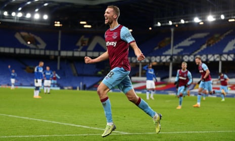 West Ham United’s Tomas Soucek celebrates after scoring late in the game.