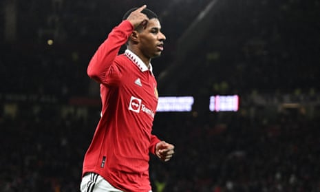 Marcus Rashford celebrates his latest goal: his second in the 3-0 win over Charlton.