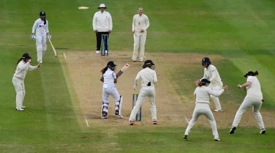 Sophie Ecclestone watches an edge fly through the slips against India