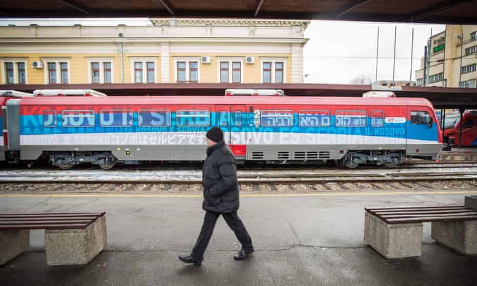 A Serbian train bearing signs reading ‘Kosovo is Serbia’