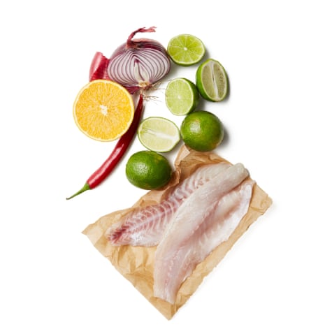 The ingredients: important to choose a species that’s robust enough to stand up to such treatment. I find a firm-fleshed white fish such as sea bass or bream works best.