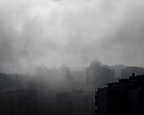 Smoke rises in the city during a Russian drone and missile strike in Kyiv, Ukraine.