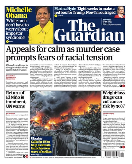 Front page of the Guardian 3 June
