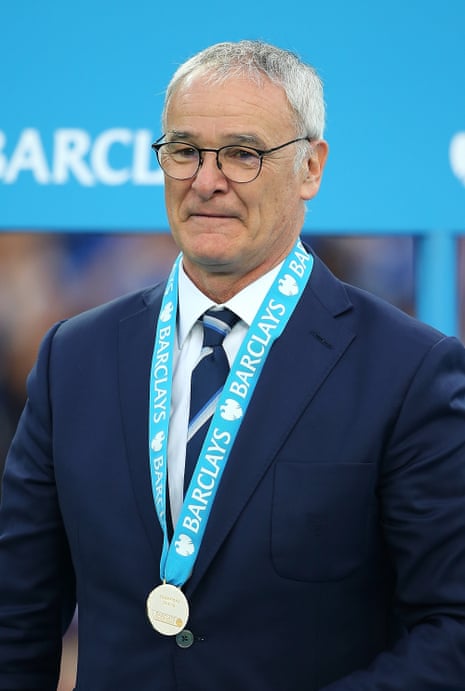 Leicester City Manager Claudio Rainieri stands with his Champions medal.