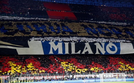 Inter Milan fans display a tifo before the Champions League semi-final first leg match between Milan and Internazionale.