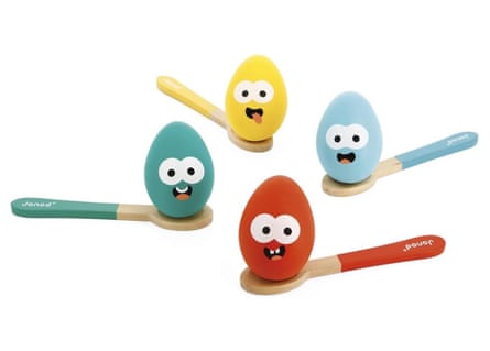 Four colourful egg and spoon sets
