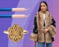 Collage showing eyeliner pencils, a gold floral ring, and a woman in a fur-trimmed coat