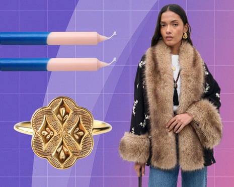 Collage showing eyeliner pencils, a gold floral ring, and a woman in a fur-trimmed coat