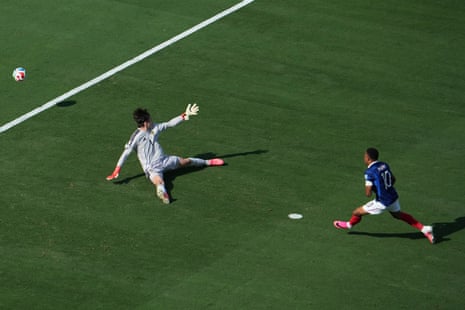 France's forward Kylian Mbappe scores a goal which is soon disallowed for offside.