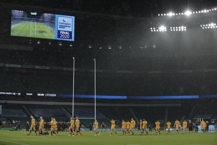 Exeter celebrate winning the 2020 Premiership final played at an empty Twickenham
