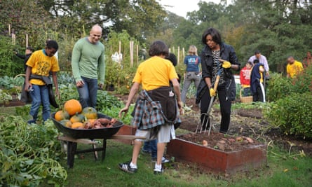 Michelle Obama and White House chef Sam Kass (in green) digging for sweet potatoes in the White House kitchen garden in 2010.