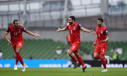 Azerbaijan celebrate a goal against Ireland.