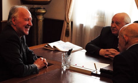Head-to-head … Werner Herzog, left, and Mikhail Gorbachev, in front of window.