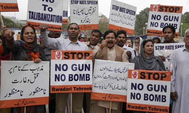 Pakistani civil society activists rally to condemn the last Sunday’s suicide bombing.