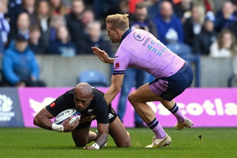 Scotland v New Zealand: Autumn Nations Series – live | Autumn Nations Series 3 Mark Telea of New Zealand scores his team's second try of the game under pressure from Chris Harris of Scotland.
