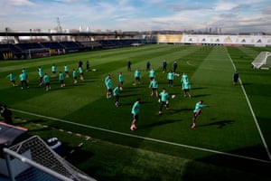 Real Madrid’s players train on the eve of their Champions League match against Manchester City.