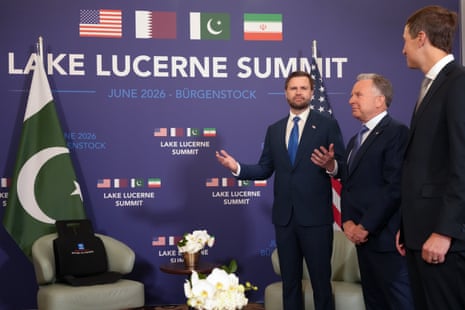 US vice-president JD Vance waits, alongside special envoy Steve Witkoff, to meet Pakistan’s prime minister Shehbaz Sharif for high-level talks aimed at advancing a deal to end the Middle East conflict at the Buergenstock Resort, Lake Lucerne near Stansstad, Switzerland.