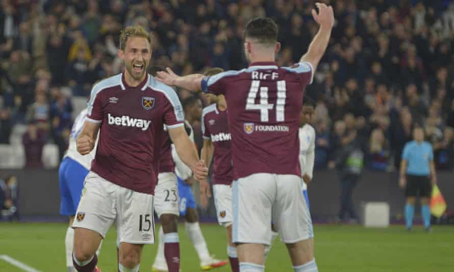 Craig Dawson celebrates his goal with Declan Rice.