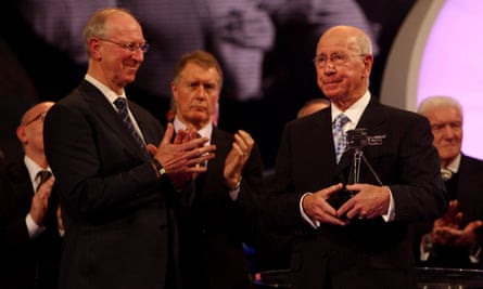 Sir Bobby Charlton receives the Lifetime Achievement Award from Jack during the BBC Sport Personality of the Year awards in December 2008.
