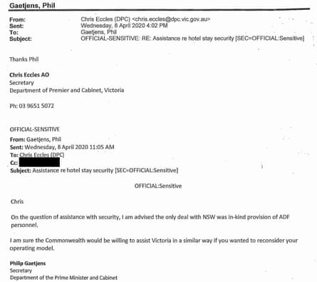 Screenshot of email between Phil Gaetjens and Chris Eccles regarding ADF support