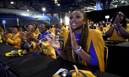 A sorority member applauds US vice-president Kamala Harris as she delivers remarks during the Sigma Gamma Rho Sorority on Wednesday.
